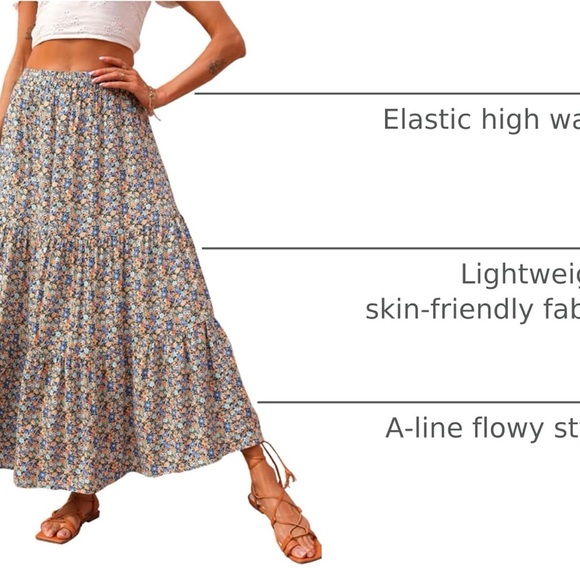 High Waist Boho Floral Maxi Skirt Long Flowing Pleated A Line Beach Skirt Size L - Picture 3 of 5